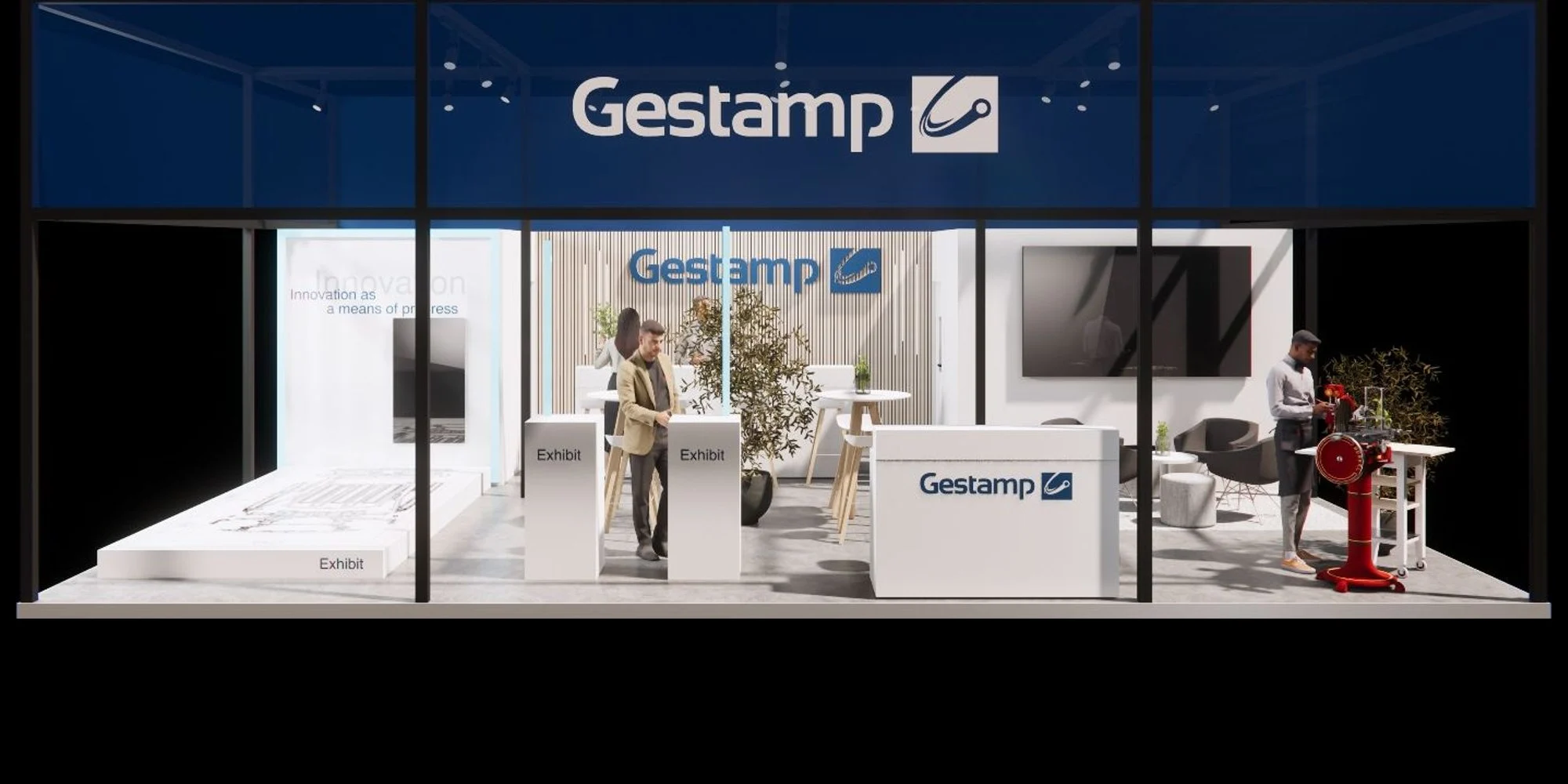 Rendering des Gestamp-Messestands – Frontansicht